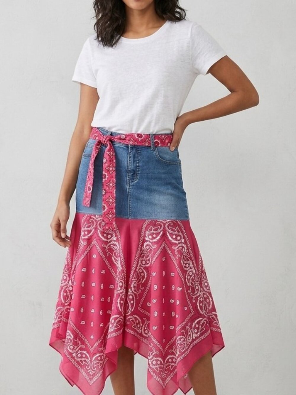 Handmade Upcycled jean Denim Red Bandana Skirt